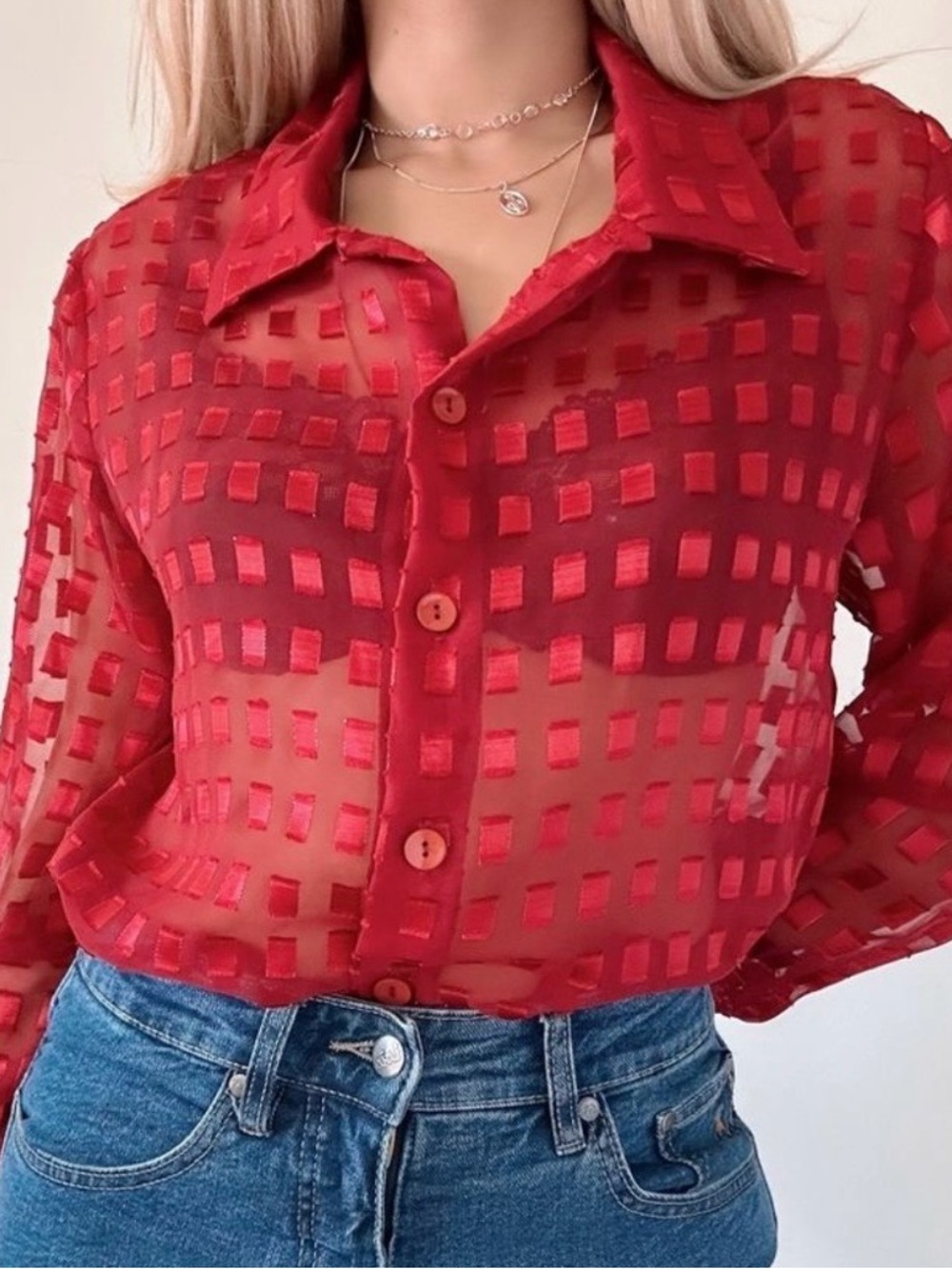 Vintage 90s Deep red textured oversized preppy Button up blouse